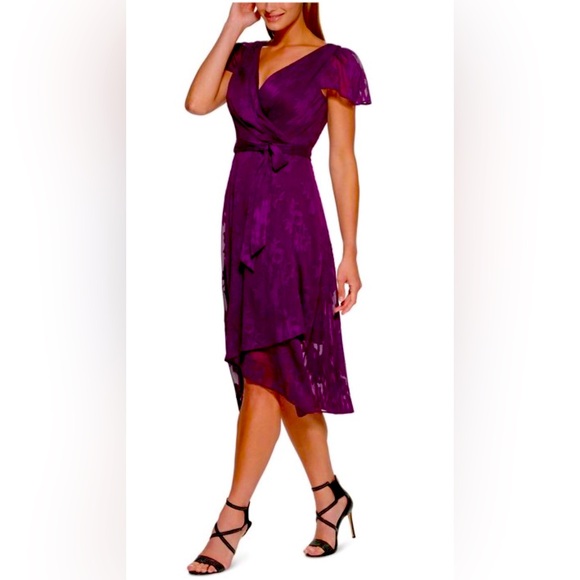 NWT DKNY Flutter Sleeve Floral Burnout Faux Wrap A-line High/Low Dress in Plum - Picture 5 of 10